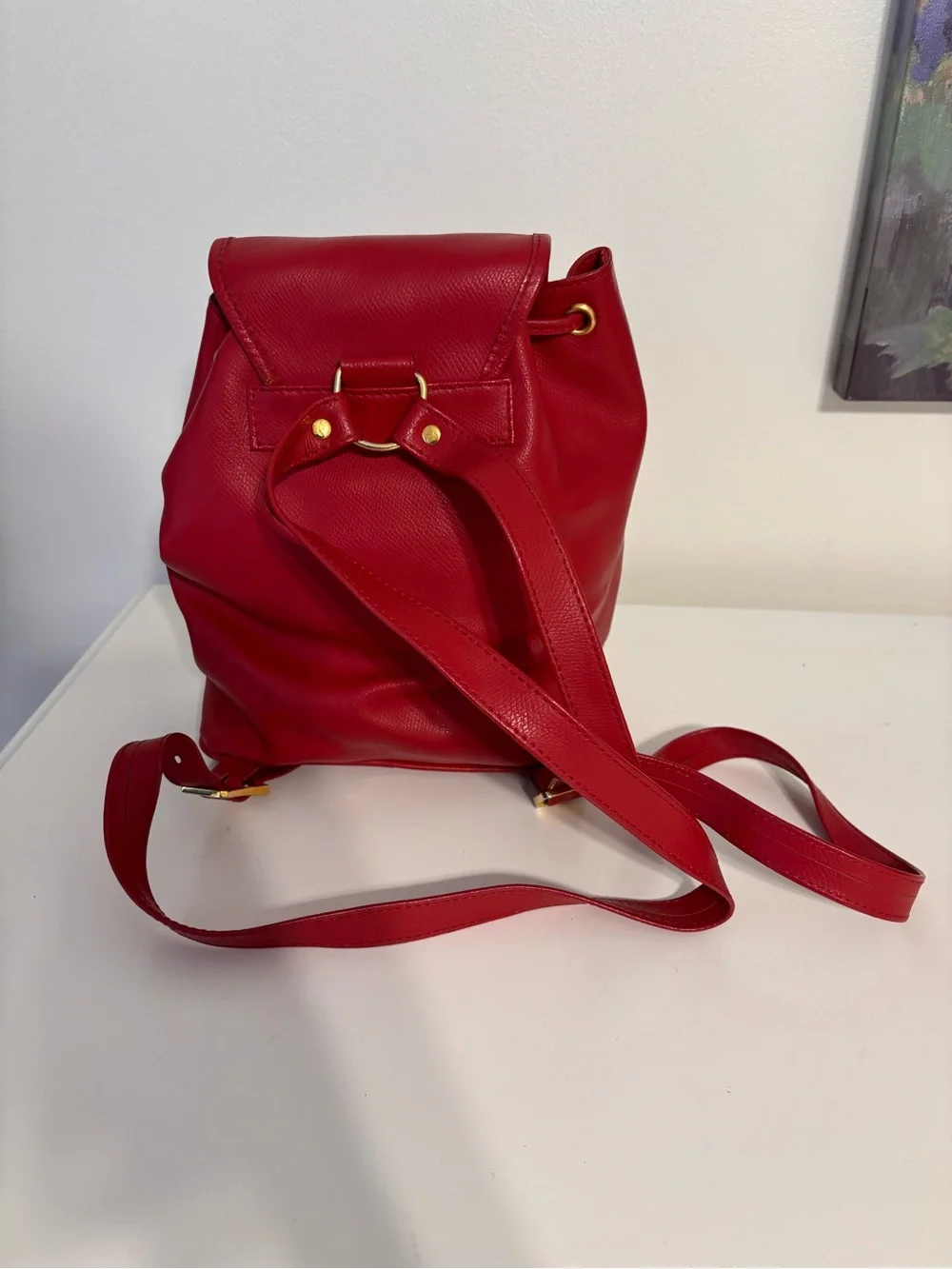 Vintage MCM München Red Leather Small Backpack Drawstring Flap Gold Hardware